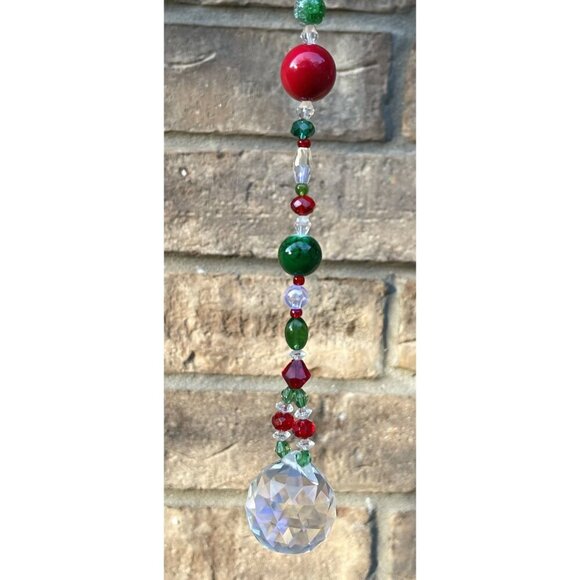 Beaded Christmas Suncatcher Red Green Clear Crystal Prism Hanging Patio Decor - Picture 5 of 10